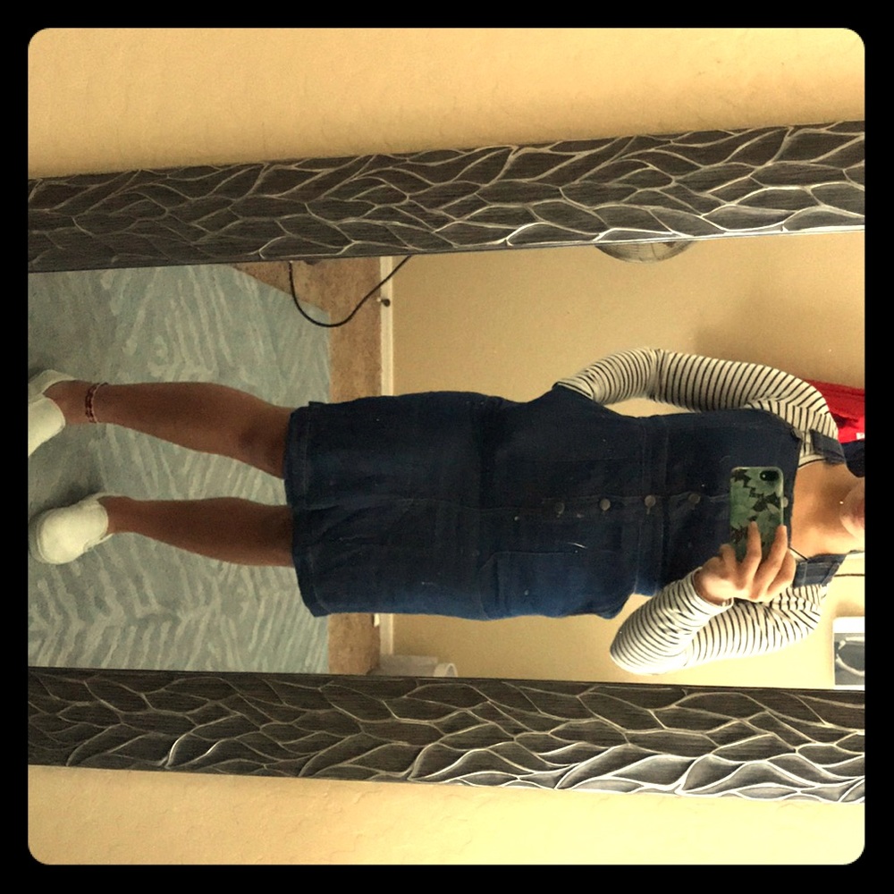 Dark denim overall dress.
